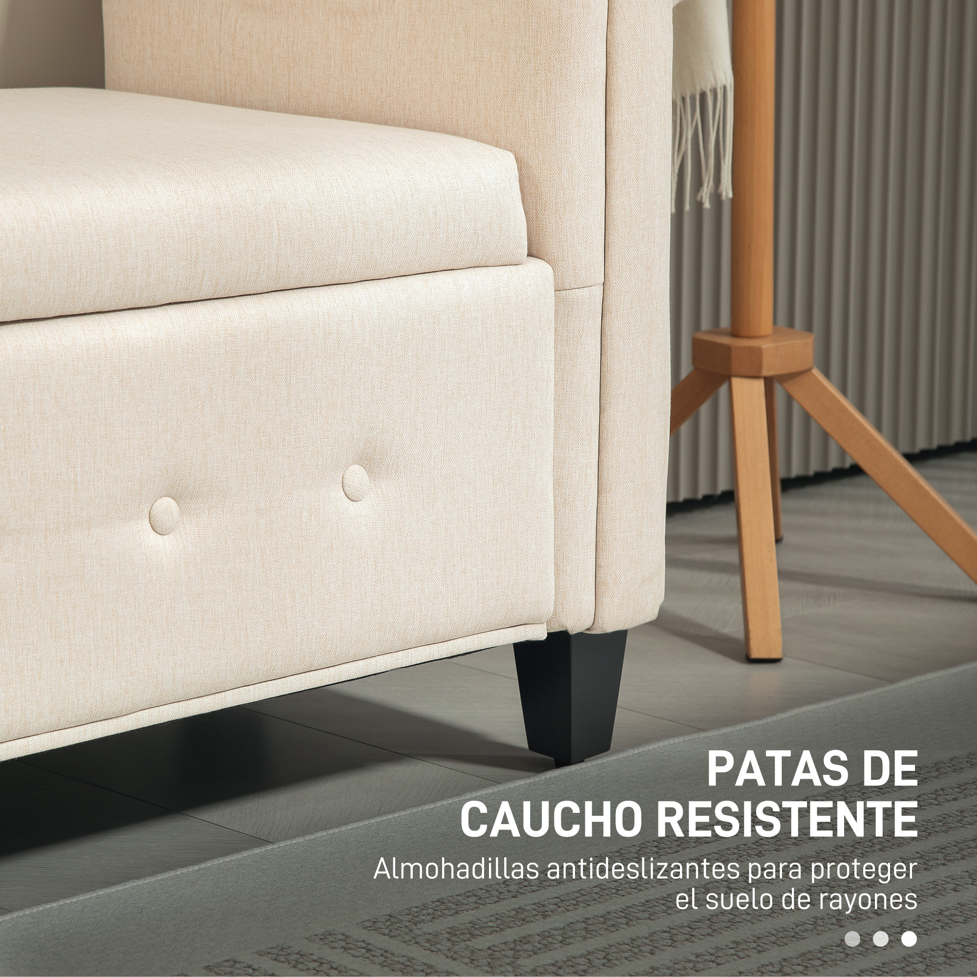 Banco de Almacenamiento Taburete de Almacenaje de Lino con Tapa de Bisagras Patas de Madera y Reposabrazos Enrollados para Dormitorio Salón Pasillo Carga 150 kg 146,5x49x74,5 cm Beige