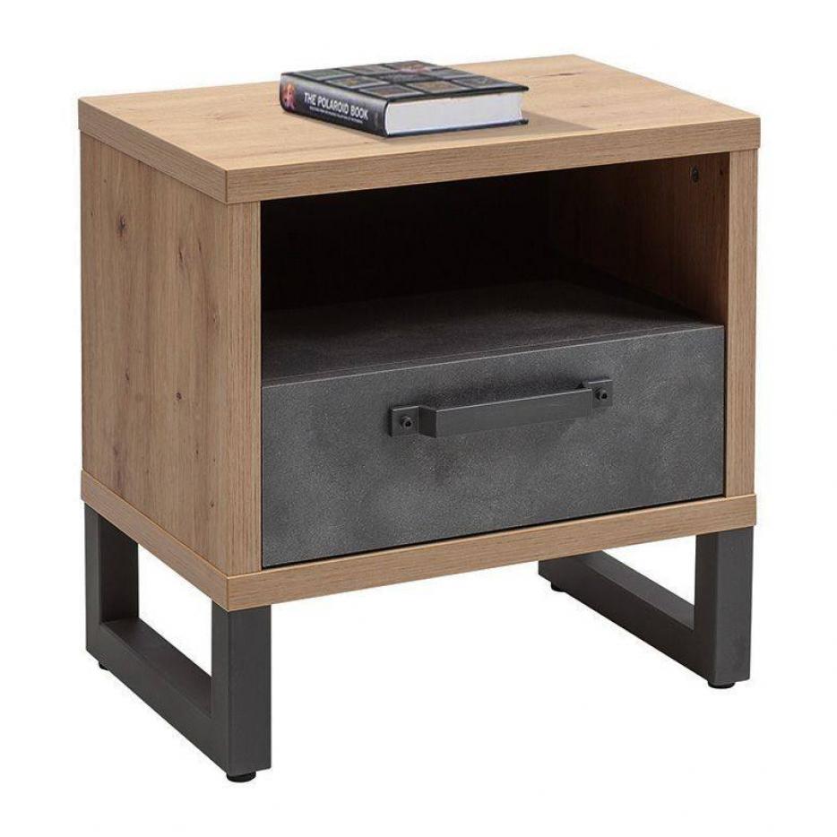 Comodino stile industrial con 1 cassetto e vano aperto, Tavolino moderno da notte, Portaoggetti, Made in Italy, cm 52x35xh54, colore Rovere e Cemento