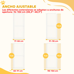 Barrera para Perros Extra Alta Puerta para Perros con Ancho Ajustable 77-104 cm Barrera de Seguridad para Perros y Gatos con 2 Extensiones y Puerta de Paso para Escaleras y Pasillos Blanco