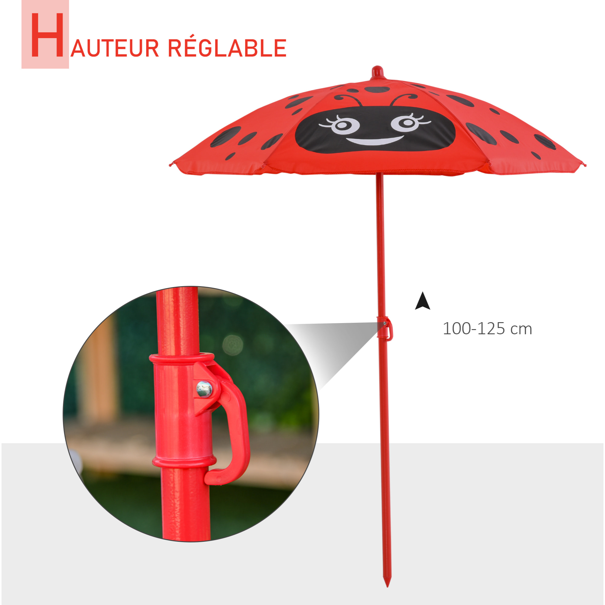 Ensemble salon de jardin enfant 4 pcs design coccinelle - table ronde + 2 chaises pliables + parasol - métal époxy oxford rouge
