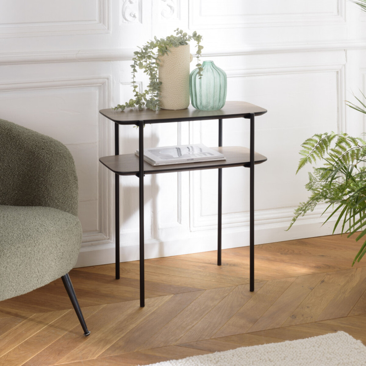 FLEUR - Table d'appoint double plateau couleur mocha pieds métal noir