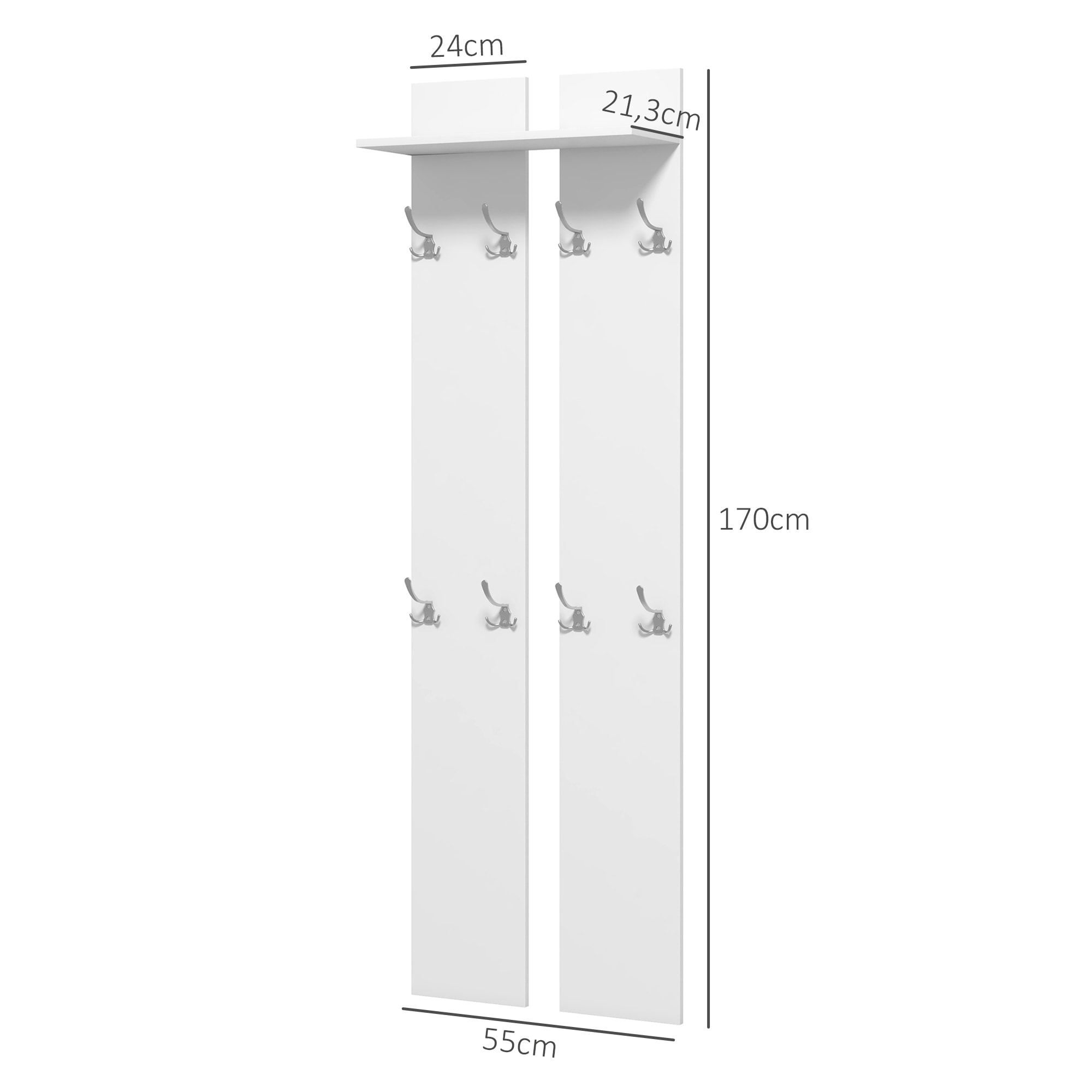 Perchero para Ropa de Pared Perchero para Recibidor Moderno con 8 Ganchos y Estante para Entrada Pasillo 55x21,3x170 cm Blanco