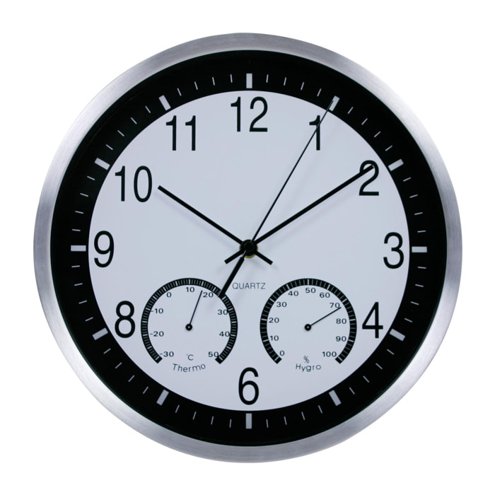 Horloge murale analogique avec meseur de la température et de l'humidité en noir et blanc