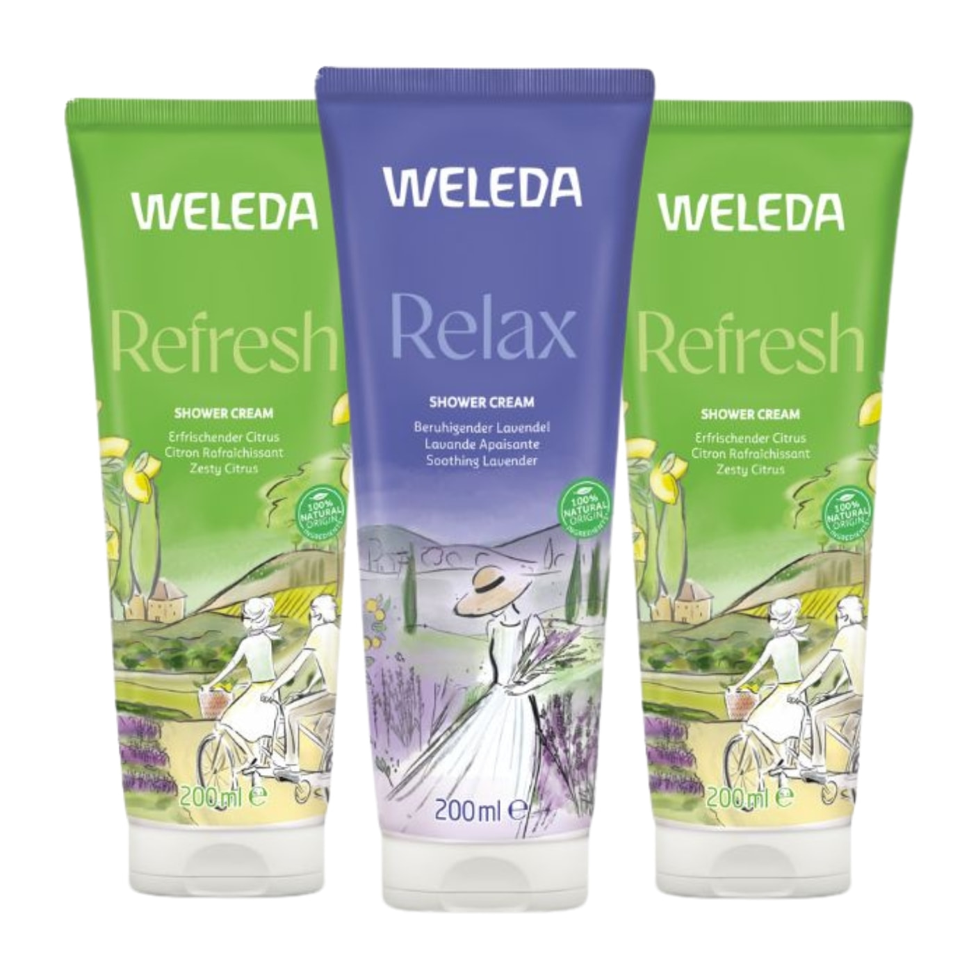 WELEDA - Trio Crème de douche - Refresh Citron rafraîchissant X2 + Relax Lavande apaisante X1 - Vegan* - Certifié Natrue** - Tube 3*200ml