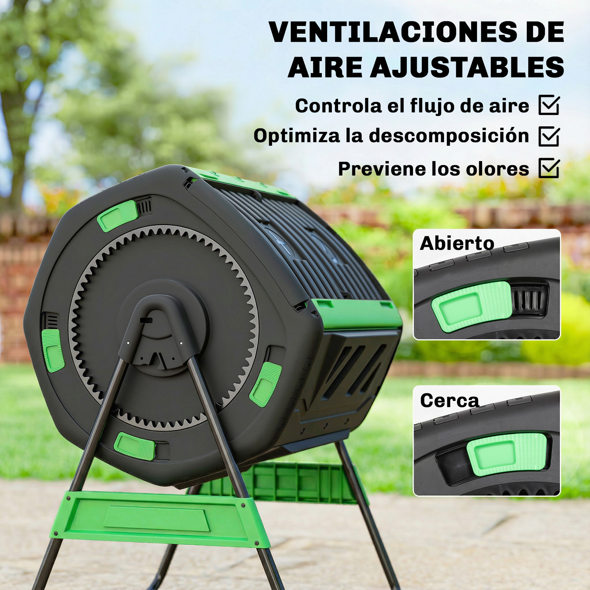 Compostador Giratorio de 200L, Contenedor de Compostaje de Jardín de Doble Cámara, Sin BPA, Compostadora con Aberturas de Ventilación, 2 Puertas Deslizantes y Patas de Metal, Verde
