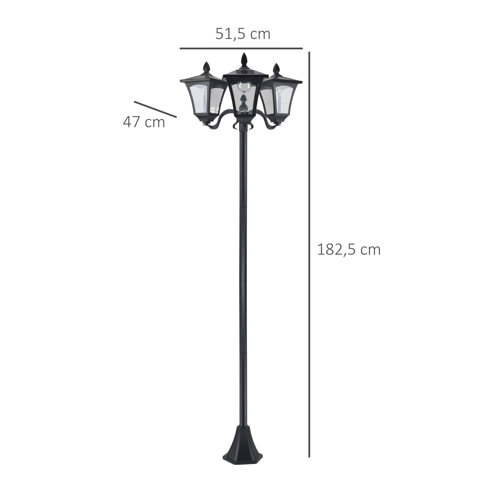 Lampadaire de jardin luminaire extérieur solaire LED 3 têtes 120 Lm dim. 51,5L x 47l x 182,5H cm acier inox. plastique noir