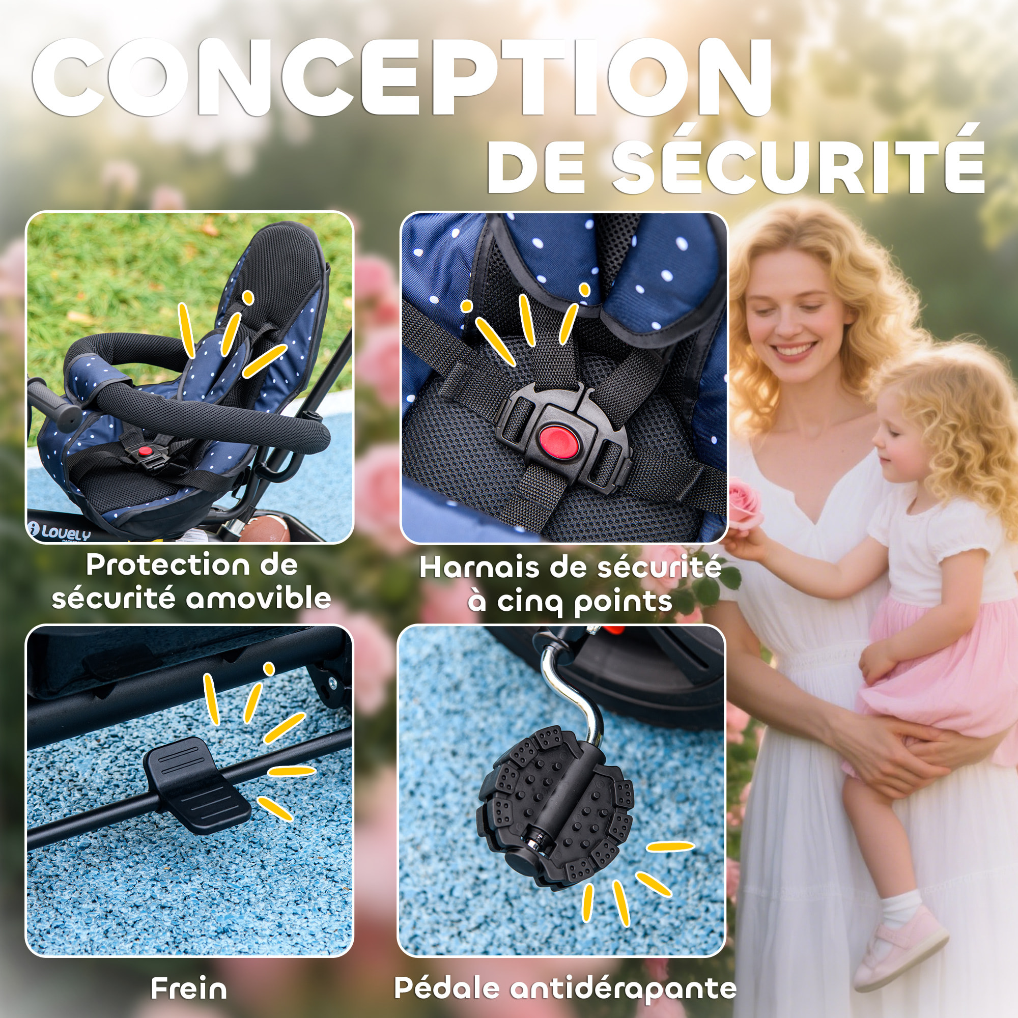 Tricycle enfant pare-soleil pliable canne amovible benne rangement acier bleu à pois noir