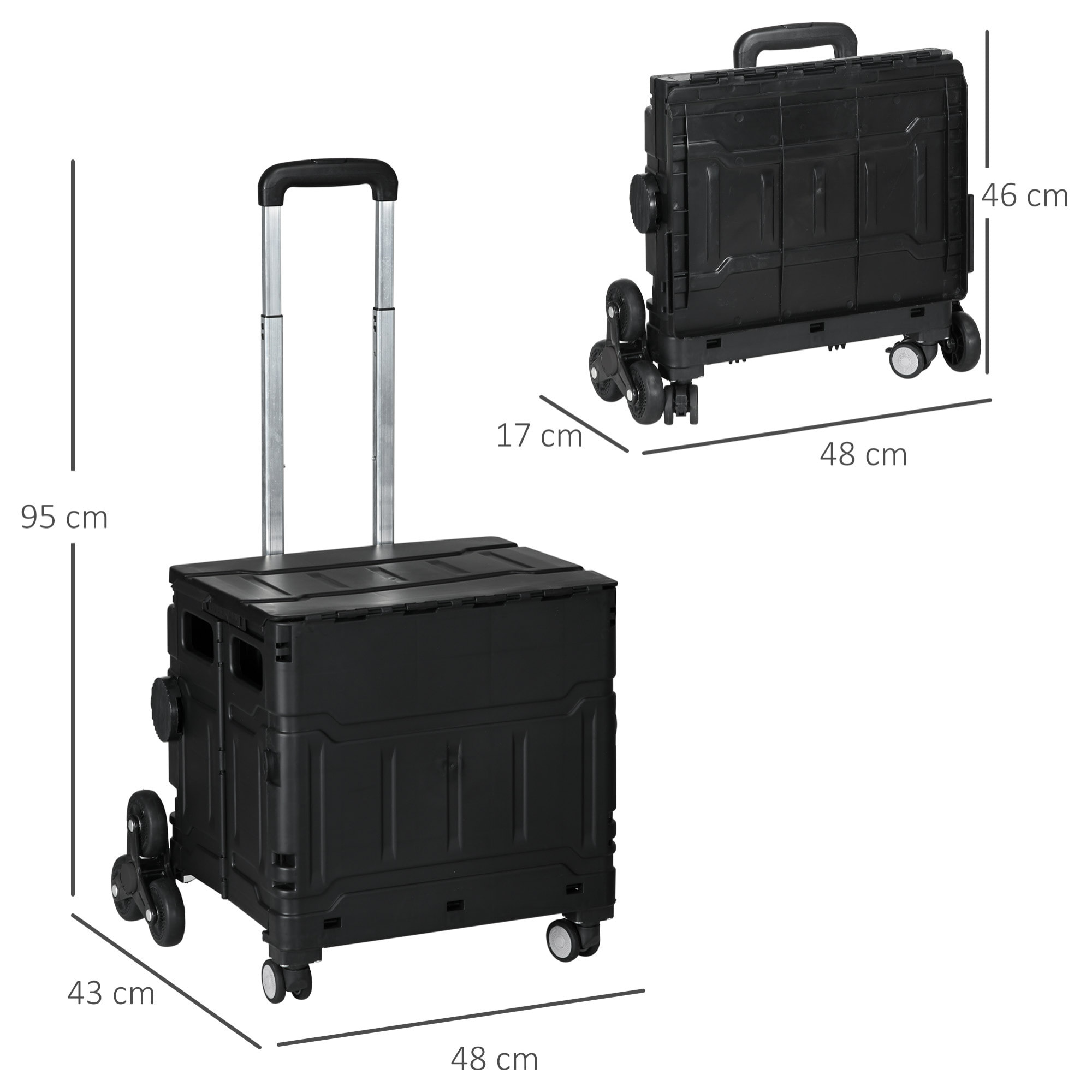 Carrito de la Compra Plegable Carrito para Supermercado con 2 Ruedas Longitud de Mango Ajustable Capacidad 35 Litros para Oficina Escuela Hogar 48x43x95 cm Negro