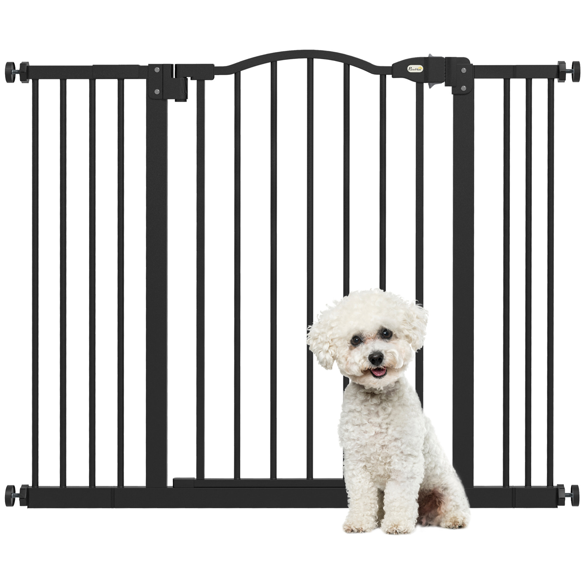 Barrera de Seguridad para Perros Extensible 74-100 cm, para Puertas y Escaleras, Barrera para Perros con 2 Extensiones 7/14 cm, Montaje a Presión y Doble Bloqueo, Negro