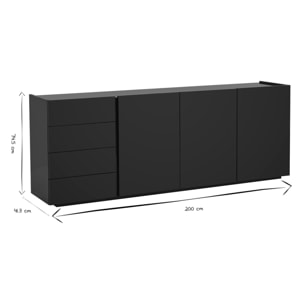 Buffet noir laqué brillant 3 portes 4 tiroirs L200 cm ISAURE