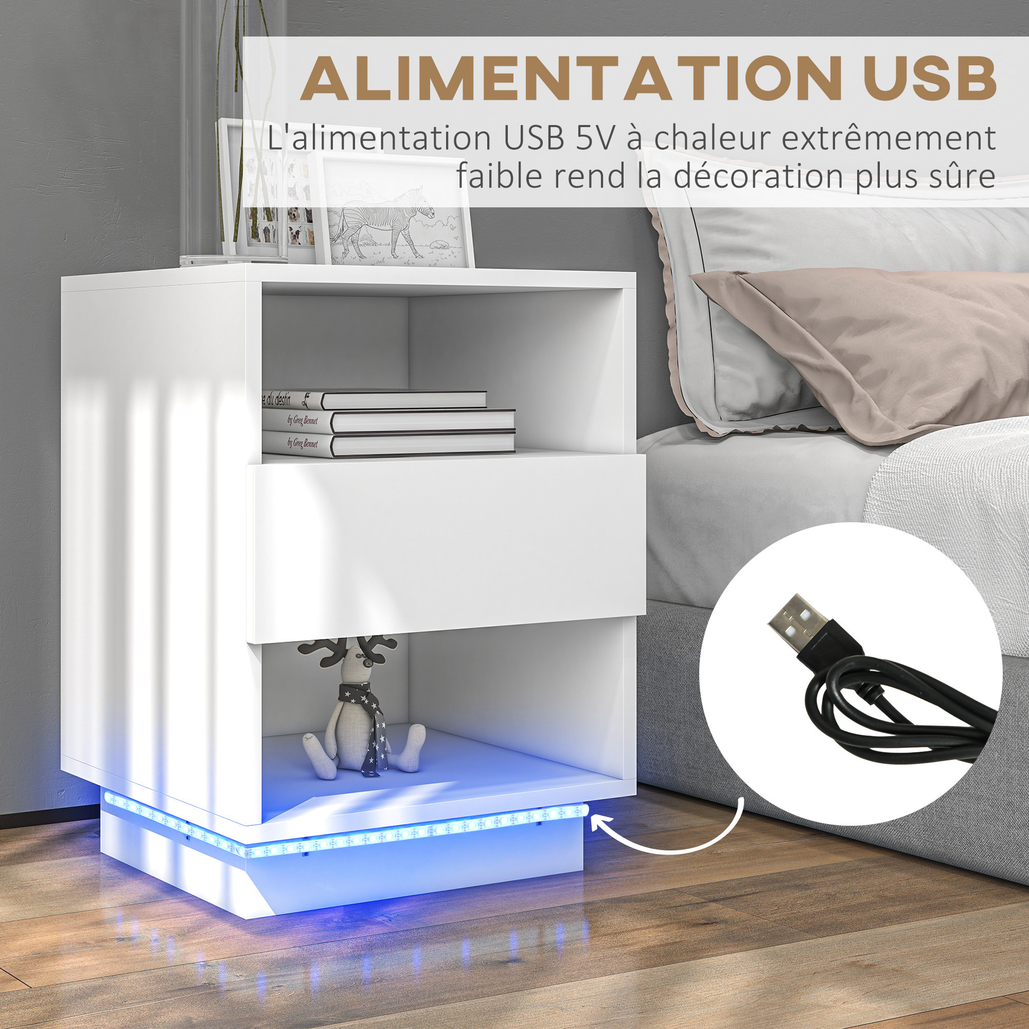 Table de chevet table de nuit LED - tiroir, niches, plateau - 40 x 40 x 55 cm - blanc brillant laqué