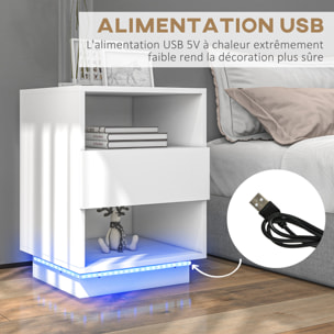 Table de chevet table de nuit LED - tiroir, niches, plateau - 40 x 40 x 55 cm - blanc brillant laqué