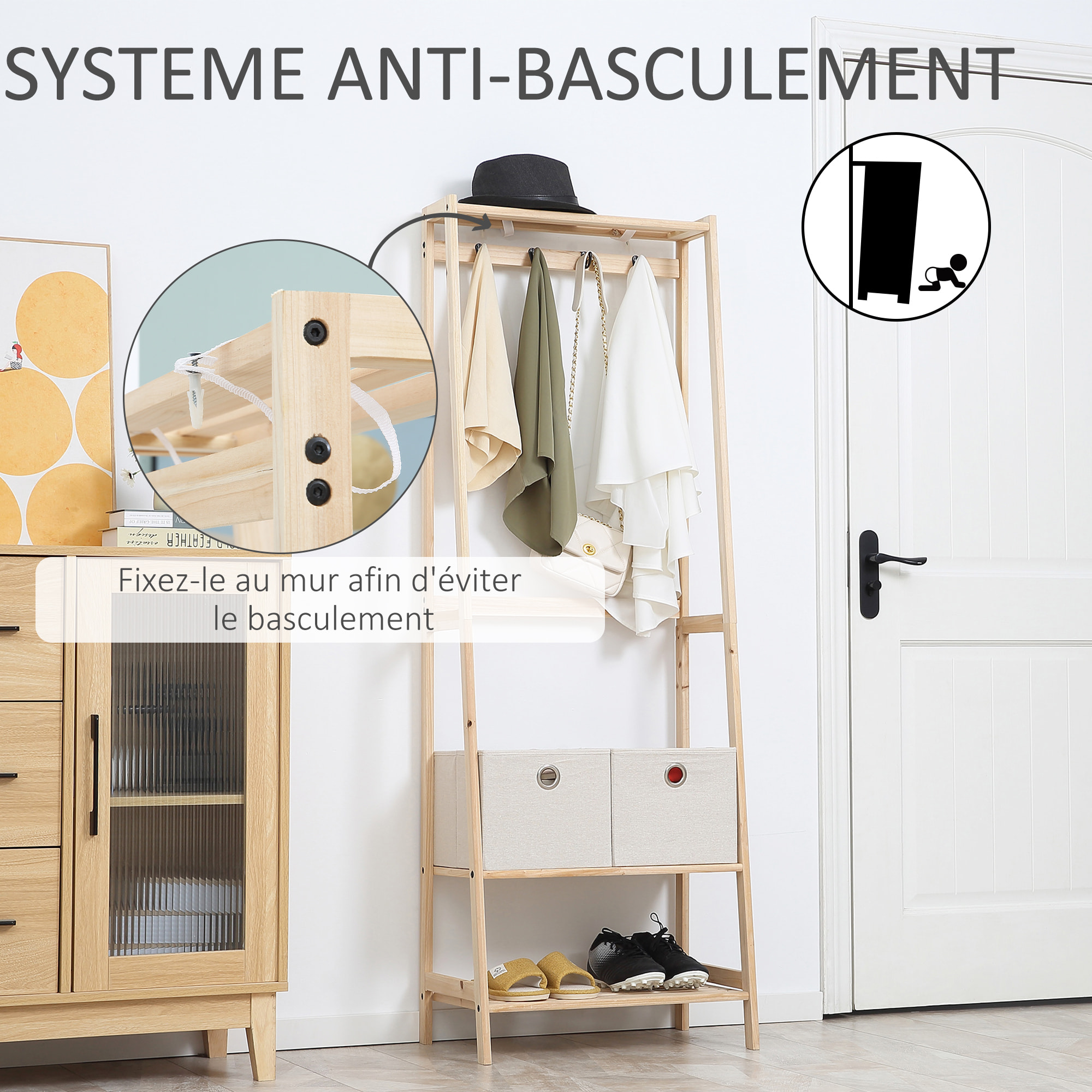HOMCOM Vestiaire d'entrée porte-manteau 4 patères 2 tiroirs polyester gris clair 2 étagères bois de sapin