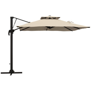 Sombrilla de Jardín 300x300 cm Parasol de Aluminio con Manivela Poste Giratorio 360° Doble Techo Inclinable en 6 Posiciones y Base Cruzada Incluida Caqui