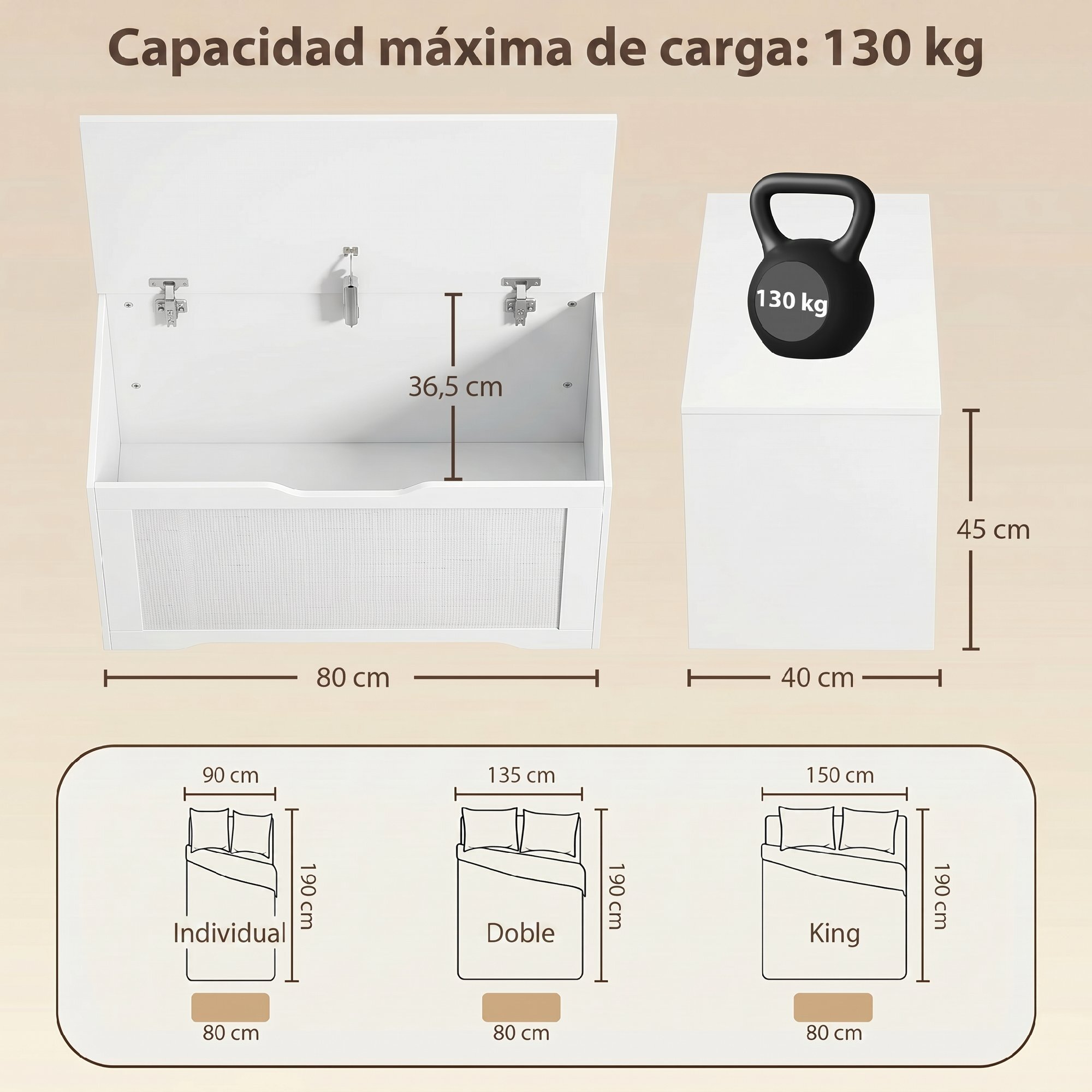 Baúl de Almacenaje 108L, Banco de Almacenaje con Panel de Ratán, Tapa Elevable, Brazos de Soporte, Diseño Sin Tiradores, para Recibidor, Pasillo, Dormitorio, Salón, 80x40x45 cm, Blanco