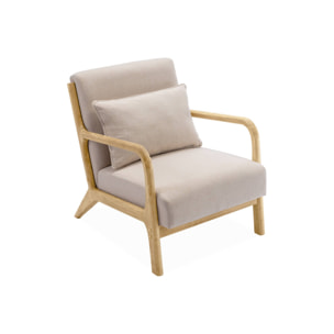 Banquette 2 places + Fauteuil en bois et tissu beige