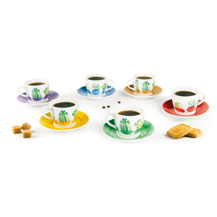 Set 6 Tazzine Caffè con Piattini Excelsa – Cactus, Porcellana Multicolore