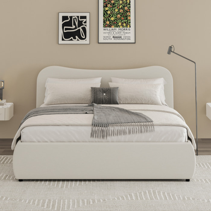 MILANO Lit coffre 140x190cm design arrondi velours côtelé beige