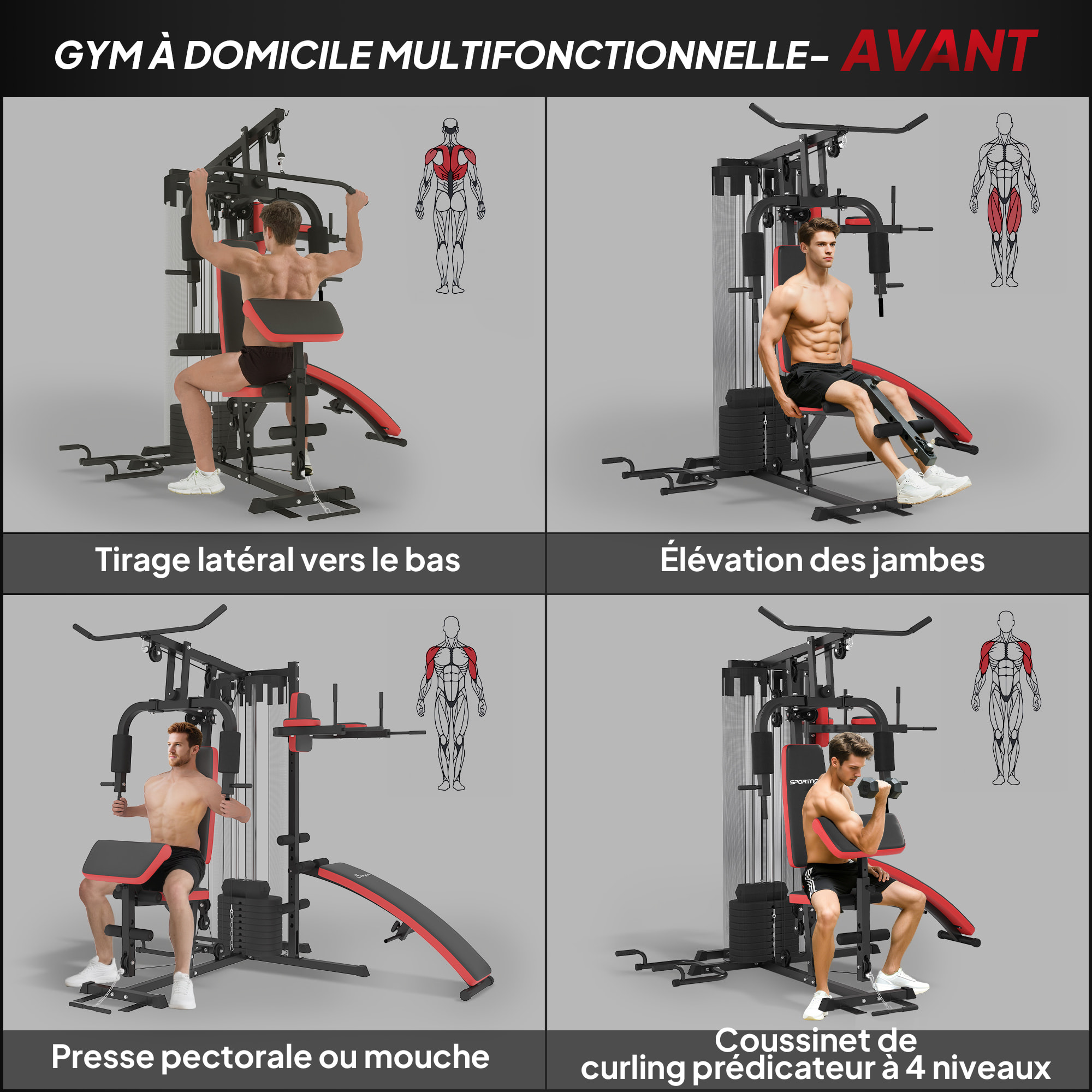 Station de musculation - banc, développé couché, butterfly, barre latissimus et traction, curler, bande résistance, 10 contrepoids - acier noir rouge