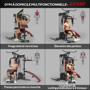 Station de musculation - banc, développé couché, butterfly, barre latissimus et traction, curler, bande résistance, 10 contrepoids - acier noir rouge