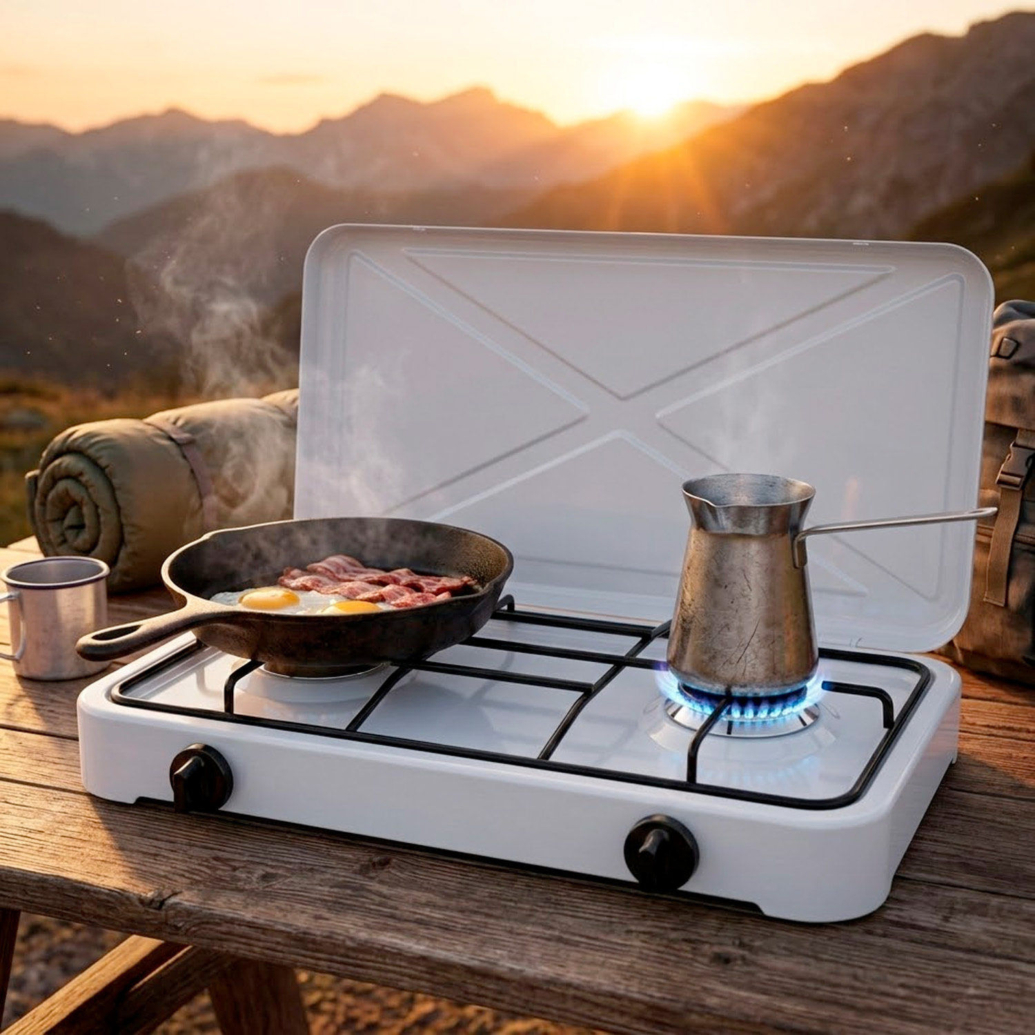 Fornello A Gas Portatile 2 Fuochi con Coperchio Piano Cottura Campeggio GPL Gas Naturale Fornello da Camping In Acciaio Con Griglie Bianco