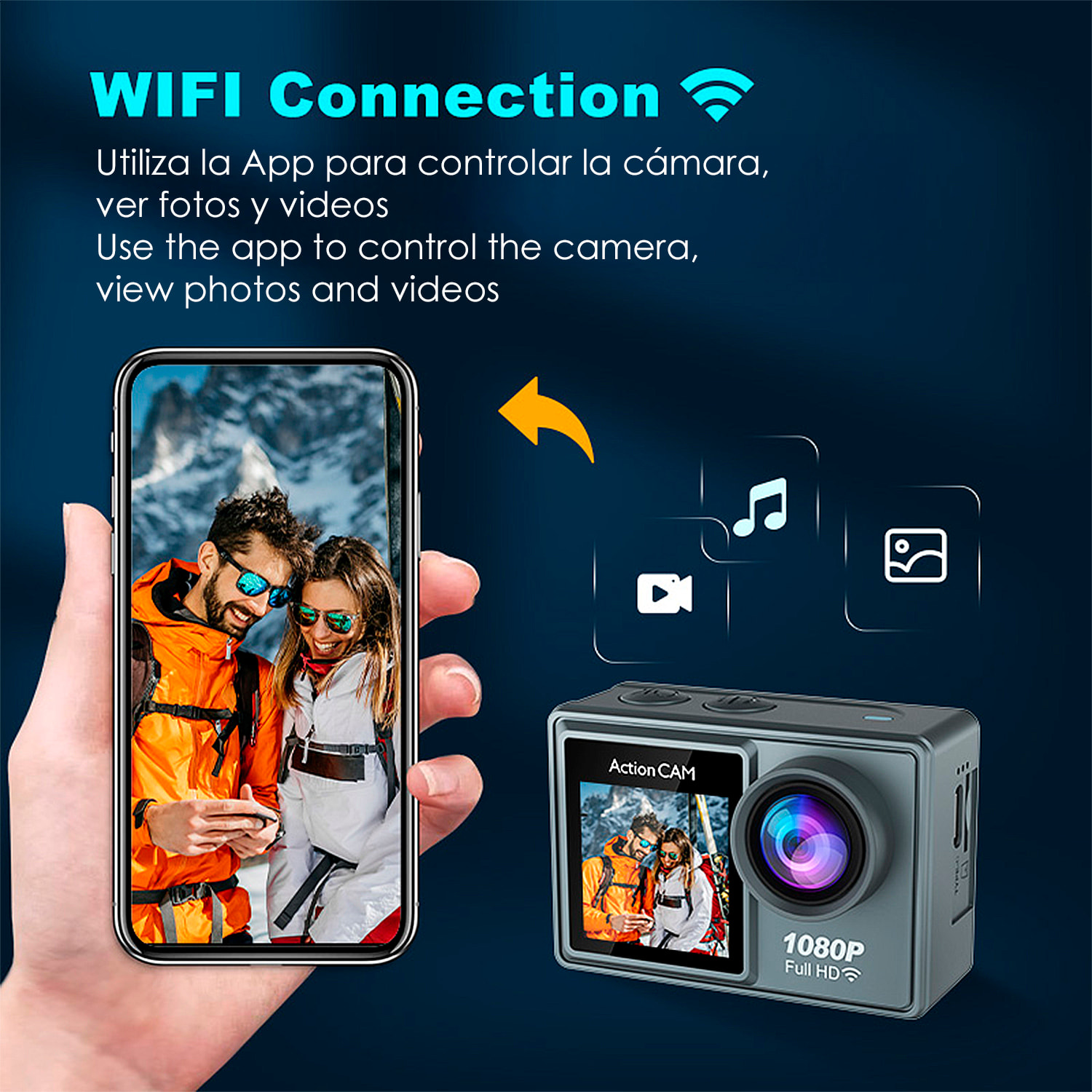 Cámara Deportiva AT-G40 1080FHD con 12 mpx, doble pantalla de 2" y 1.3" con multitud de accesorios deportivos y WIFI.