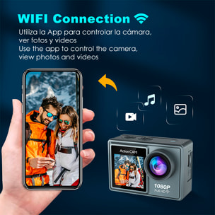Cámara Deportiva AT-G40 1080FHD con 12 mpx, doble pantalla de 2" y 1.3" con multitud de accesorios deportivos y WIFI.
