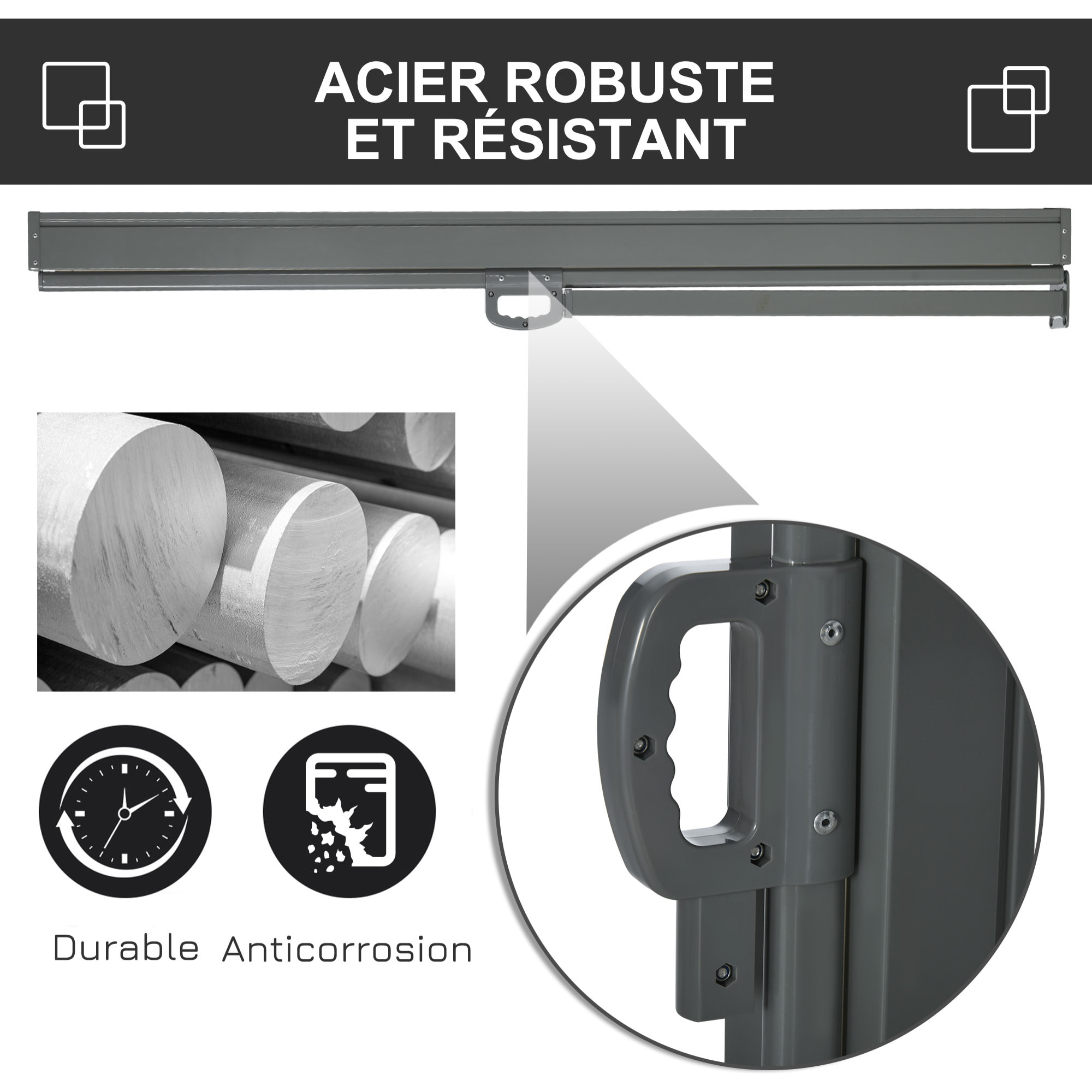 Store latéral brise-vue paravent rétractable dim. 3L x 1,6H m métal polyester imperméable anti-UV haute densité 180g/m² gris