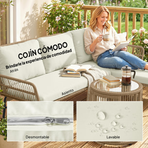 Conjunto de Muebles de Jardín Exterior de Ratán Juego de 3 Piezas Muebles de Terraza con Sofá de 2 Plazas Chaise Longue Cojines y Mesa Auxiliar de Tablero de Vidrio para Patio Crema y Natural