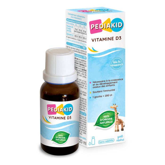PEDIAKID - Vitamine D3 100% d'origine naturelle - Renforcement des défenses naturelles - Dès la naissance - Couvre 200% des apports journaliers recommandés - Flacon de 20ml