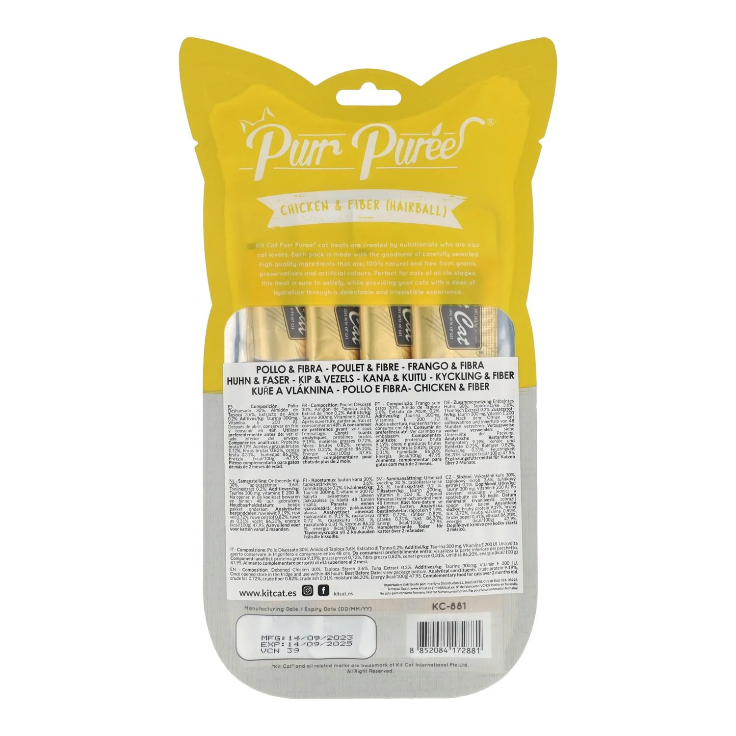 Kit Cat PurrPuree - Pollo y Fibra 60 g Snack cremoso para gatos