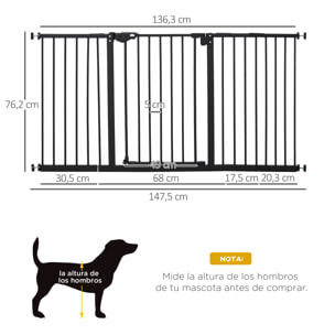 Barrera de Seguridad Extensible para Puertas y Escaleras Barrera para Perros con Cierre Automático y Sistema de Doble Bloqueo Metal 74-147,5x76,2 cm Negro