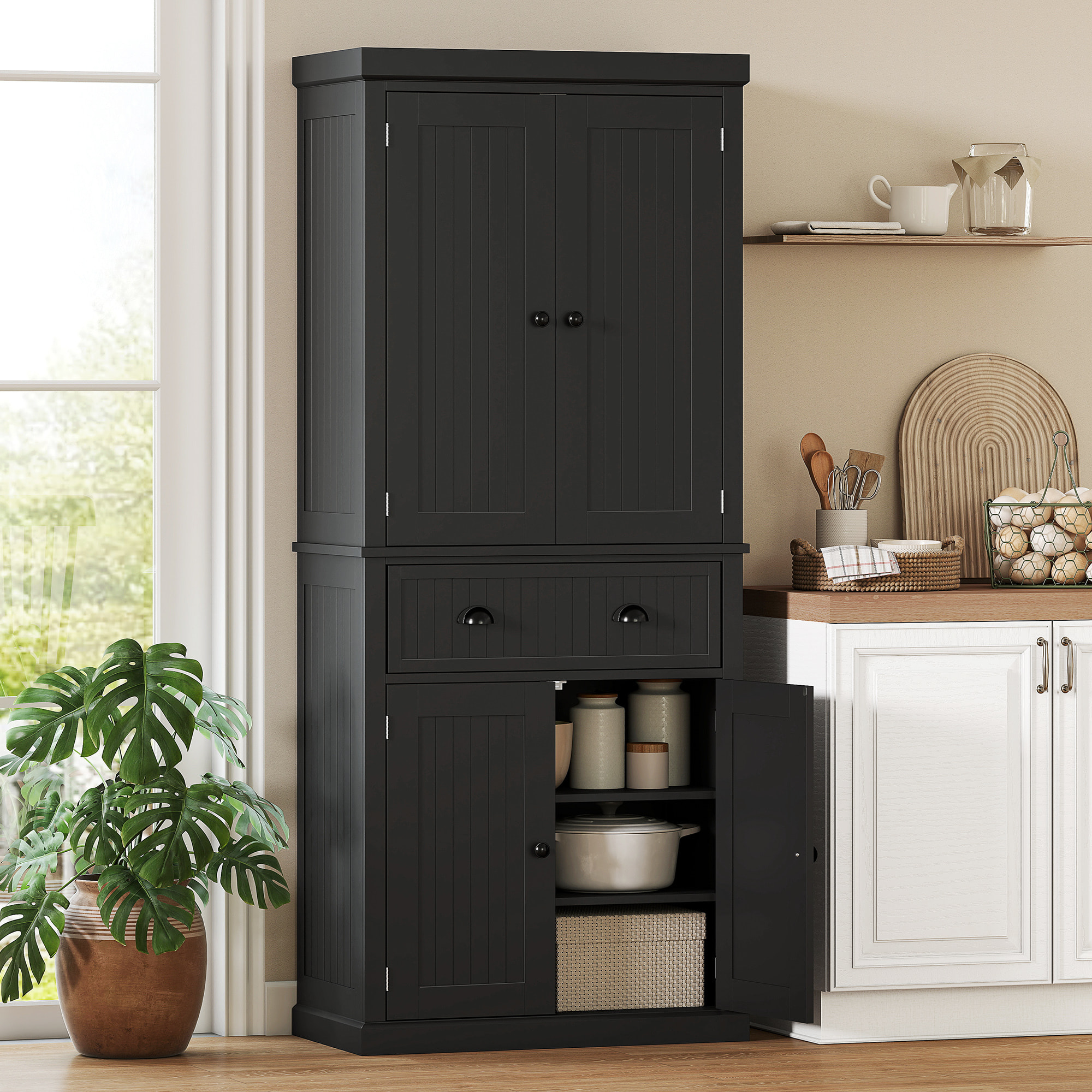 Buffet haut multi-rangement - 4 portes, grand tiroir - dim. 76L x 40l x 183H cm - noir