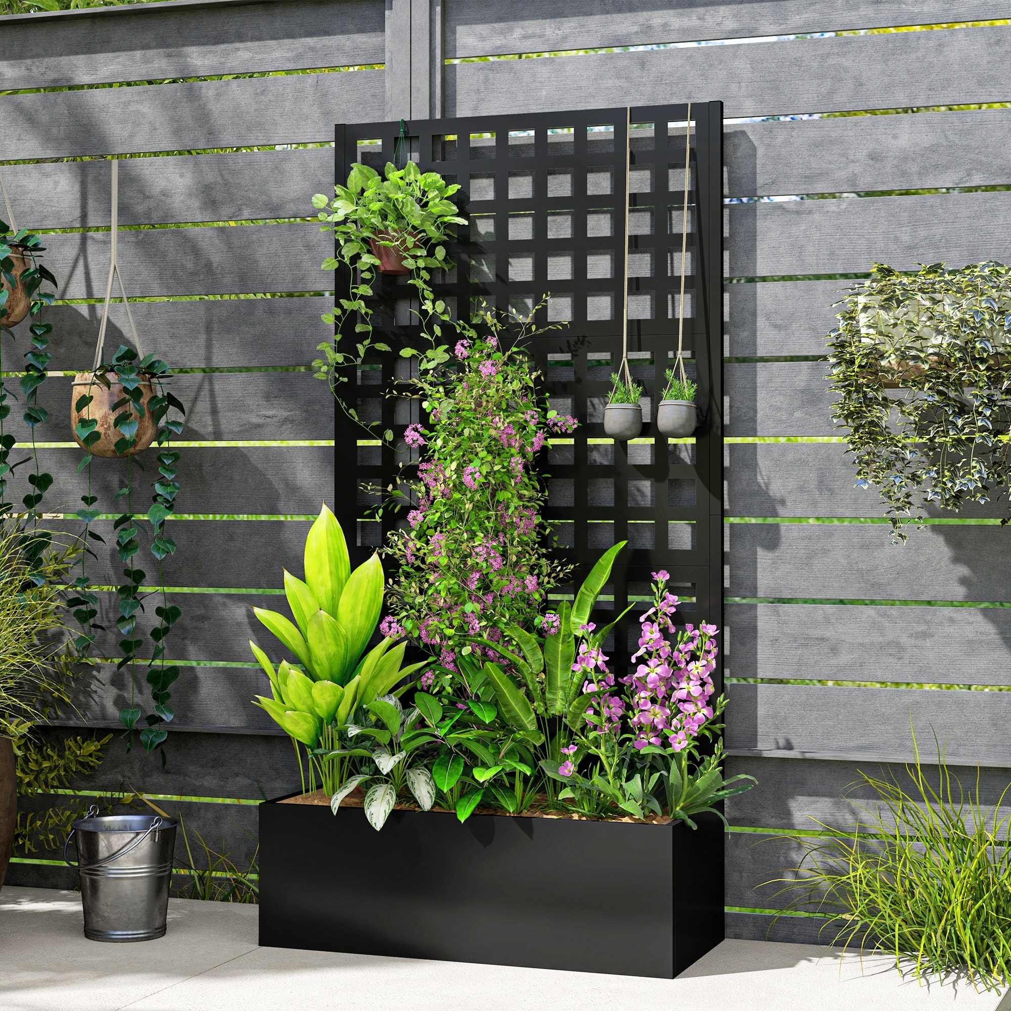 Jardinière treillis haut design - dim. 89 x 40 x 178 cm - acier thermolaqué noir