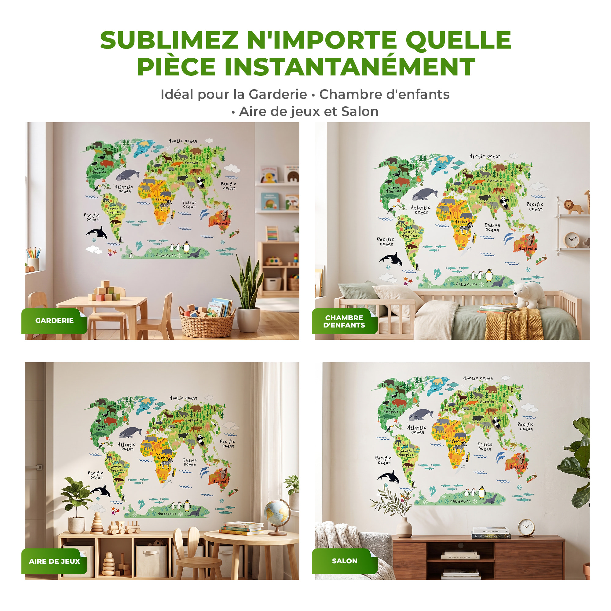 Stickers Muraux décoration adhésifs carte du monde pour enfants animaux du monde