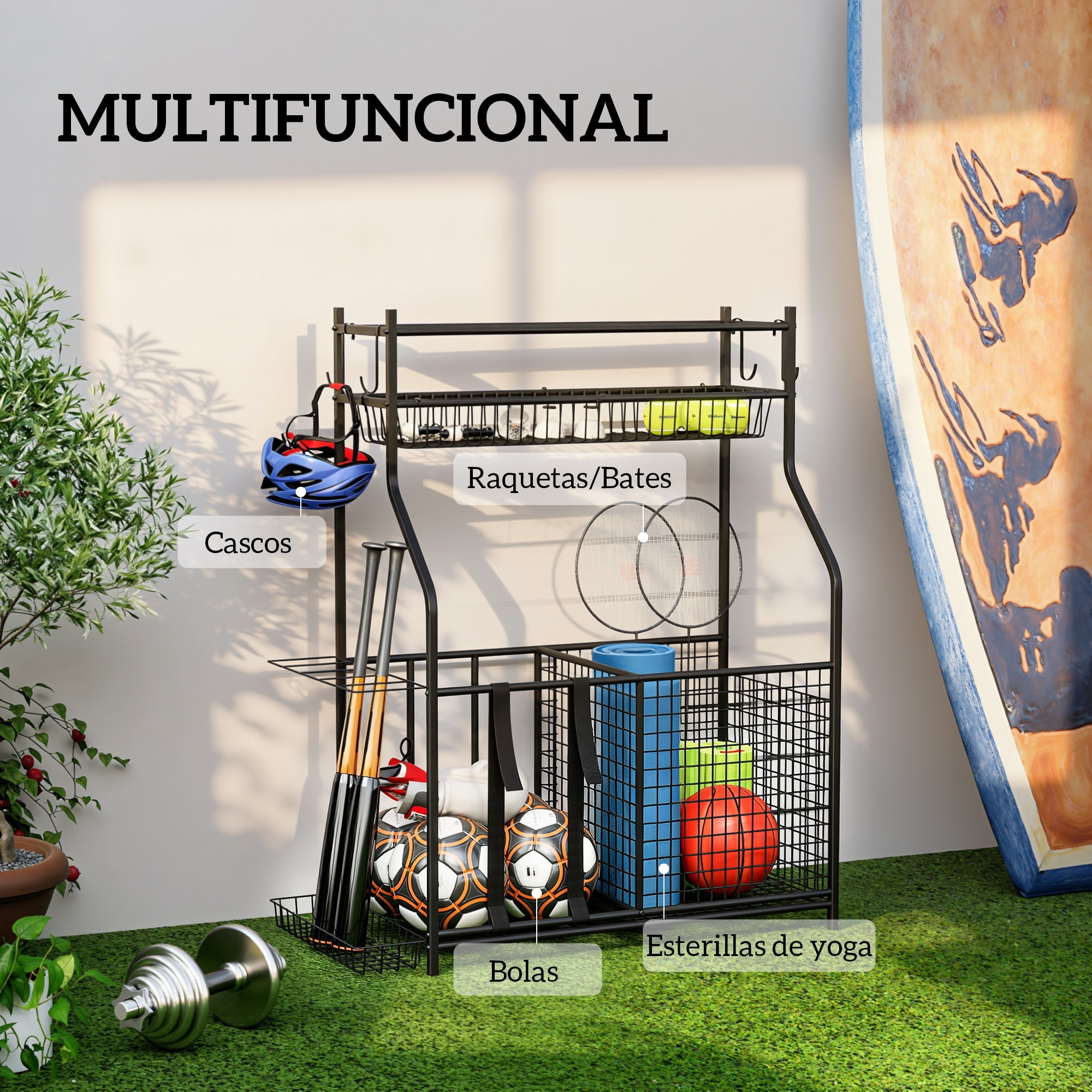 Organizador de Equipos Deportivos, Almacenamiento de Bolas de Garaje con Cesta, Ganchos Extraibles y Bandas Elásticas, Soporte para Balones de Baloncesto, Fútbol, para Casa Gimnasio o Escuela