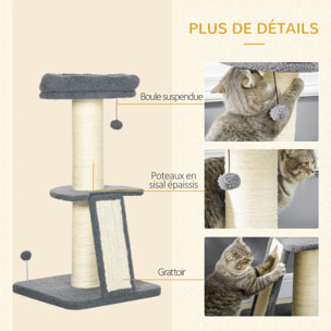 Arbre à chat 3 griffoirs grattoirs sisal naturel plateforme panier 2 boules suspendues peluche haute densité 220 g/m² gris