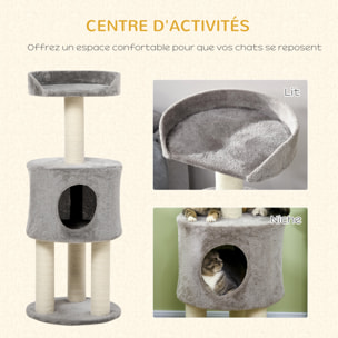 Arbre à chat griffoirs sisal naturel arbre à grimper H.103 cm niche plateforme d'observation peluche grise