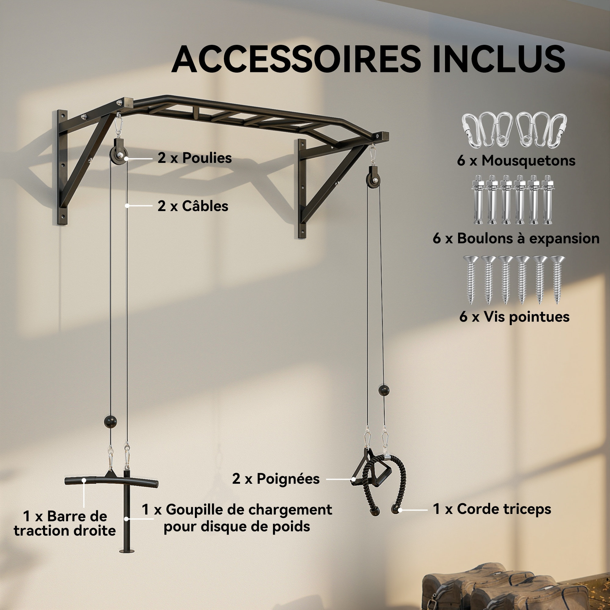 Barre de traction murale multi-prise avec accessoires et kit complet installation max. 200 Kg acier noir