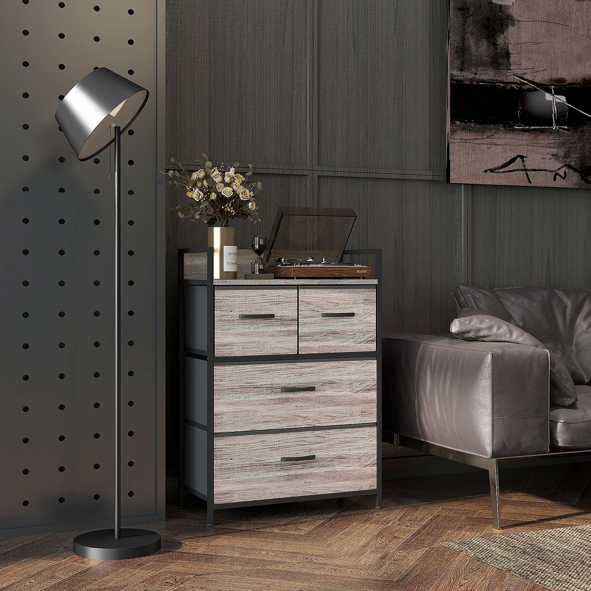 Cómoda con 4 Cajones de Tela Plegables, Cómoda para Dormitorio Industrial con Estante Abierto, Marco de Acero, Cajonera para Espacios Pequeños, Sala de Estar, Vestidor, Baño, Gris