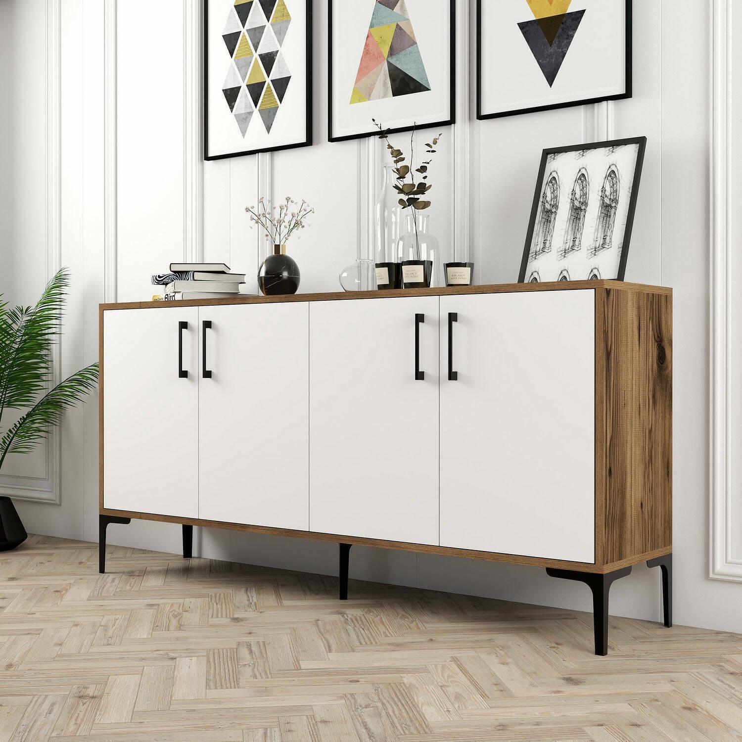 Credenza Daltobell, Buffet da soggiorno, Madia da salotto, Dispensa da cucina, 160x35h78 cm, Noce e Bianco