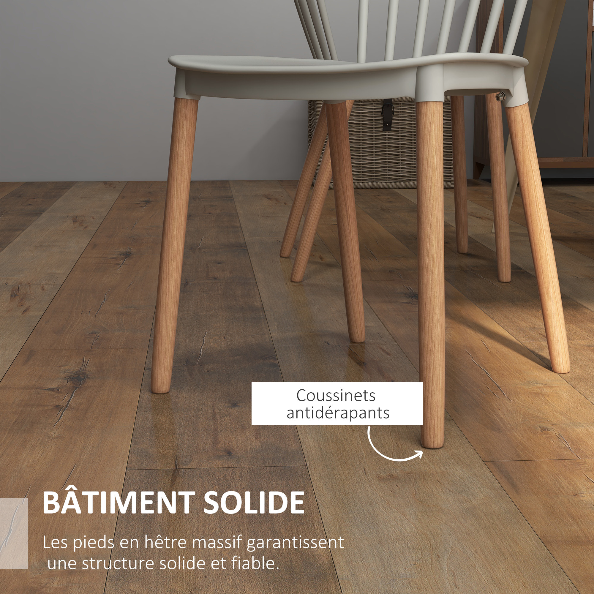 Lot de 4 chaises de salle à manger style scandinave piètement bois hêtre PP gris