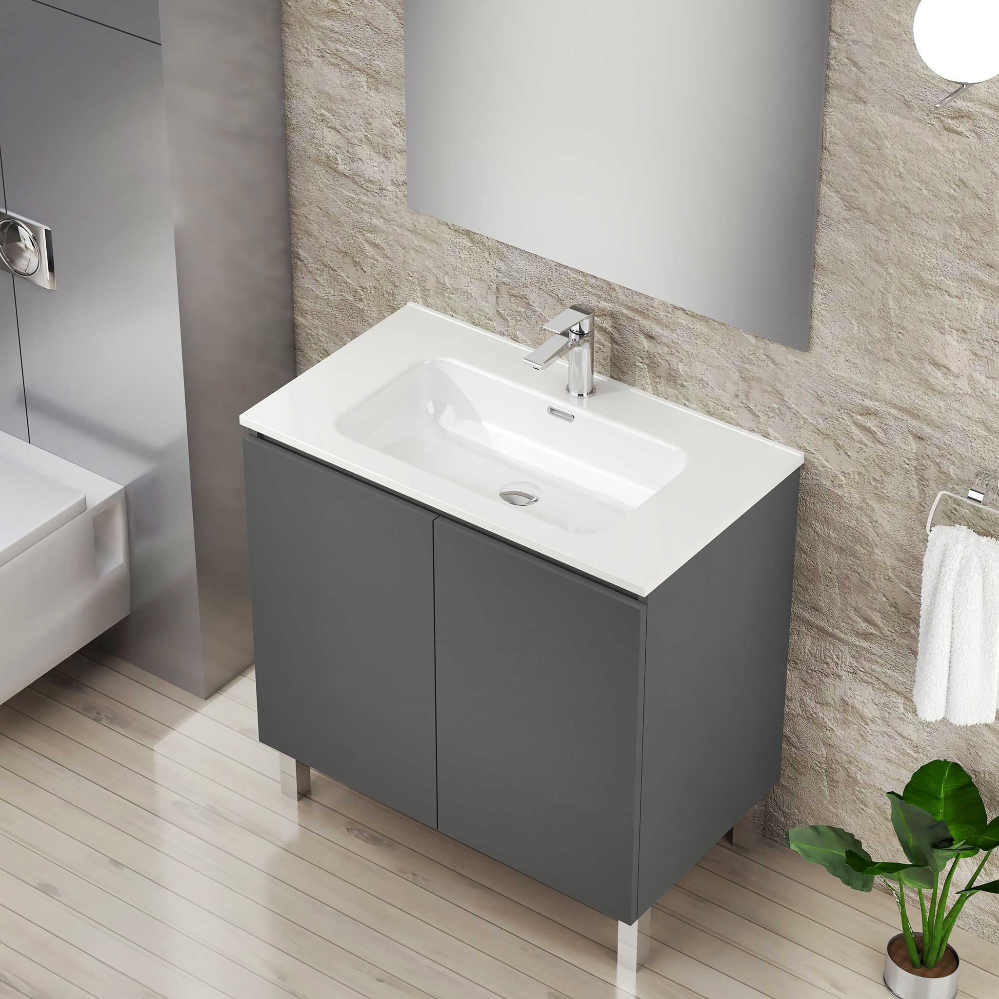 Conjunto de Baño Lust | 80 cm Gris Mate | Dos Puertas | Lavabo Encastrado | No incluye Espejo | Mueble Montado | Alday