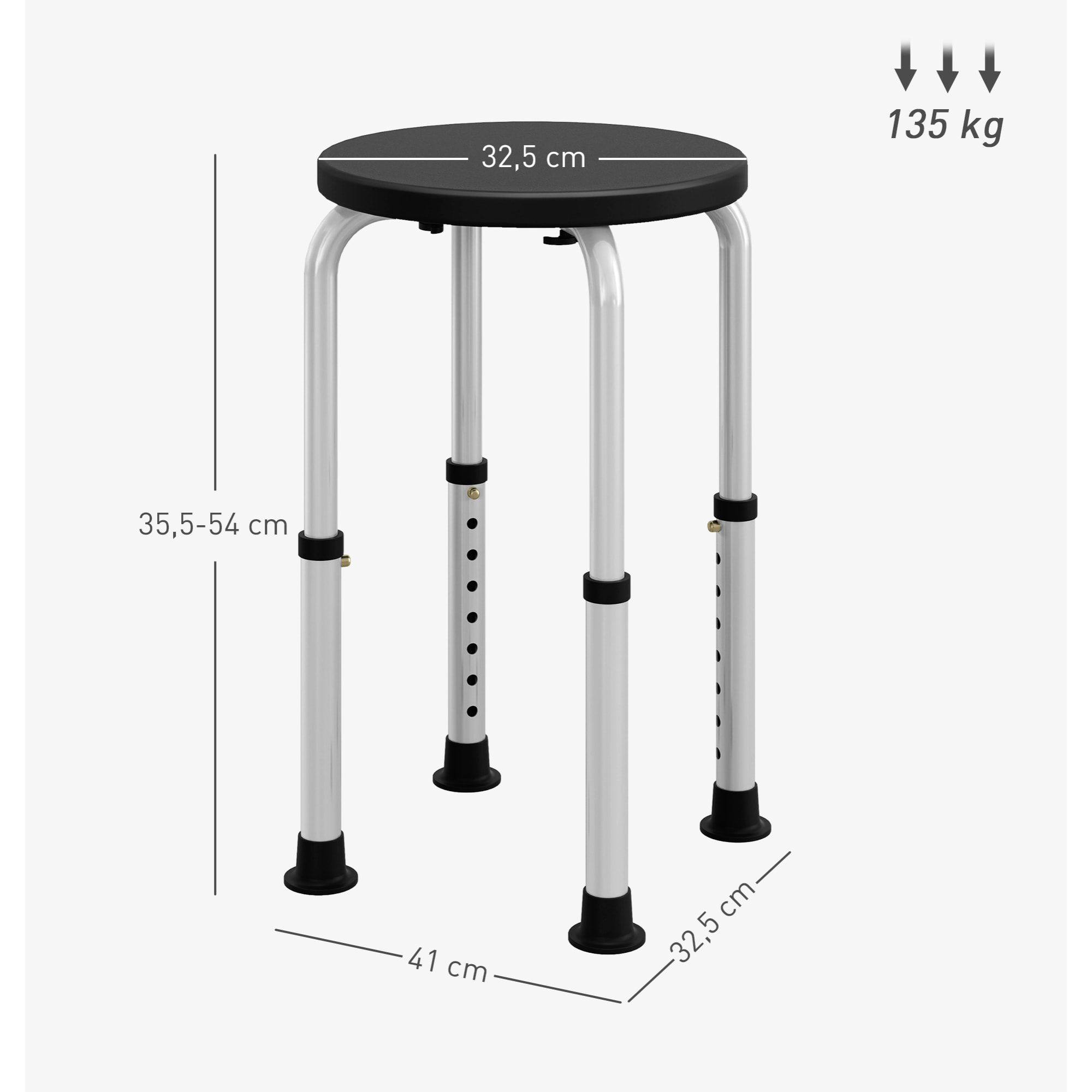 Taburete de Ducha, Silla Ducha Personas Mayores Antideslizante con Altura Regulable, Carga 135 kg, Taburete de Baño para Ancianos y Discapacitados, Negro