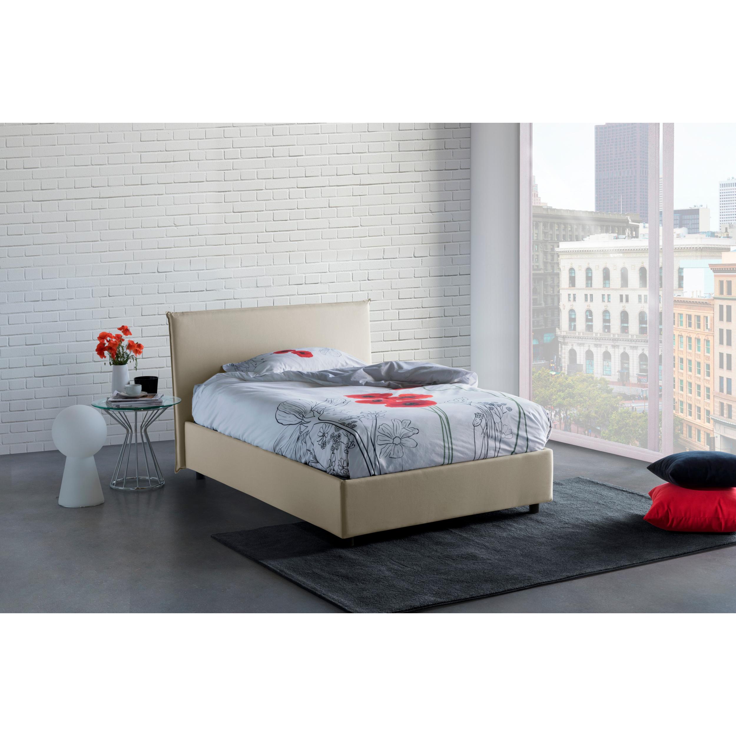 Letto piazza e mezza Chicca, Letto contenitore con rivestimento in tessuto, 100% Made in Italy, Apertura frontale, con materasso Cm 120x200 incluso, Beige