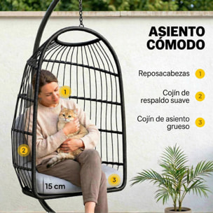 Outsunny Silla Colgante Huevo con Soporte, Columpio Jardín Exterior con Cesta Plegable de Ratán, Cojín Grueso, Reposacabezas, Altura Ajustable, Estructura Metálica para Interior y Exterior, Gris Claro