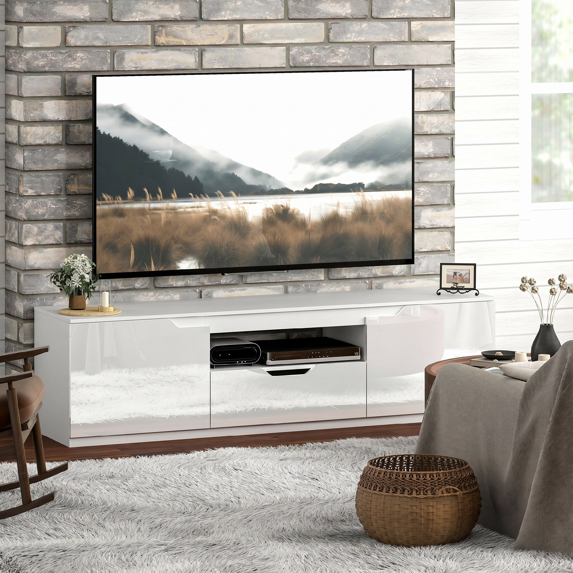 Meuble TV design façade laquée 2 portes tiroir niche blanc