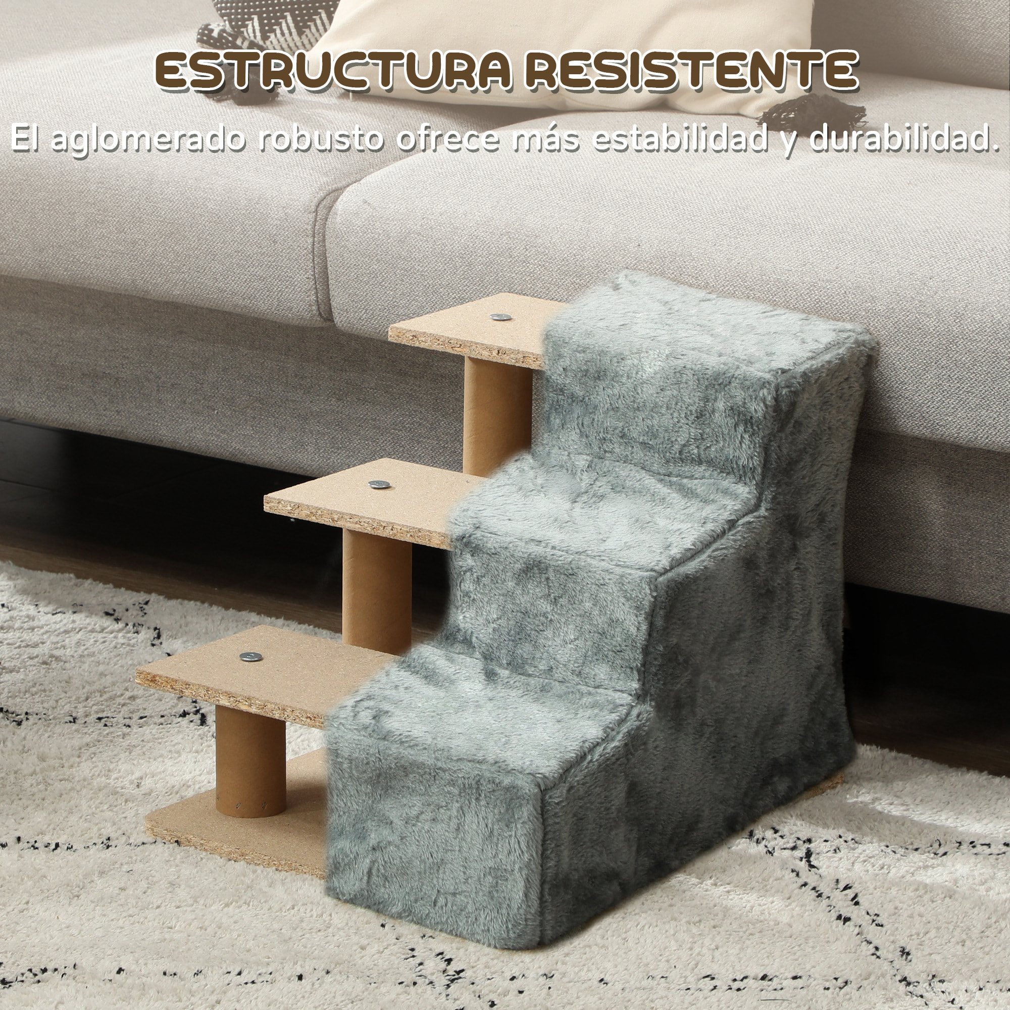Escalera para Perros de 3 Peldaños con Funda Extraíble y Lavable Escalera para Mascotas Mayores Perros Pequeños Gatos para Cama Sofá 46x35x35 cm Gris Claro