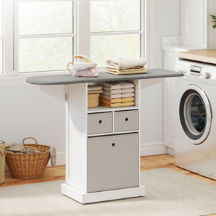 Mueble de Plancha con Ruedas, Tabla de Planchar Plegable, Mueble Planchador con 3 Cajones de Tela, Compartimento Abierto, 121x37x89,5 cm, Blanco