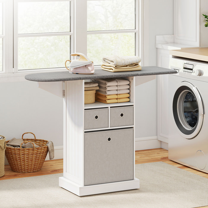 Mueble de Plancha con Ruedas, Tabla de Planchar Plegable, Mueble Planchador con 3 Cajones de Tela, Compartimento Abierto, 121x37x89,5 cm, Blanco